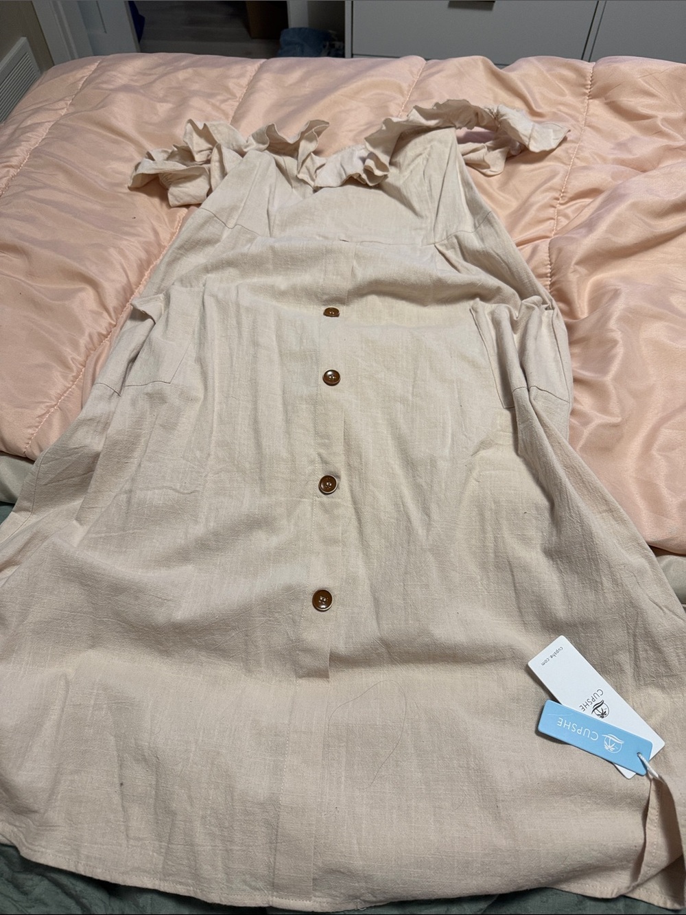 Cupshe Beige Button-Front Ruffle Strap Dress